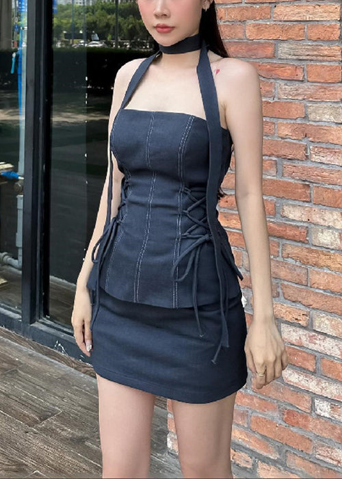Slim Fit Black Strapless Lace Up Tops and Skirts Two Pieces Set Sleeveless