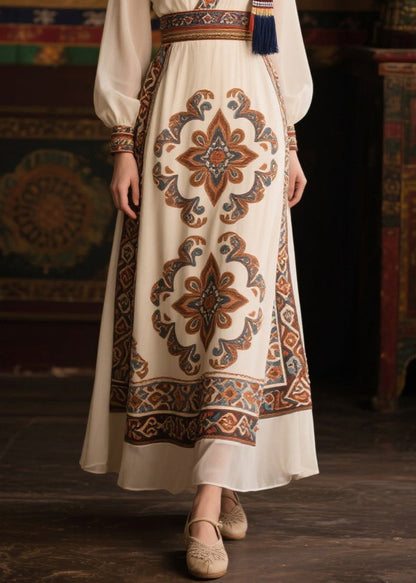 White V Neck Print Chiffon Tunic Dresses Fall