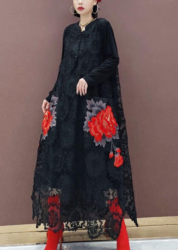 Black O-neck Lace Print Dress Fall