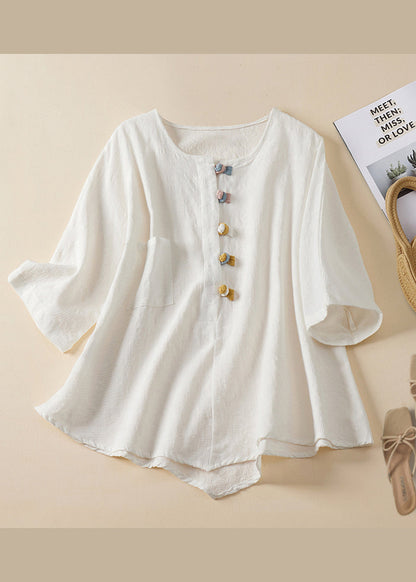 Blue O Neck Chinese Button Jacquard Linen Shirt Summer