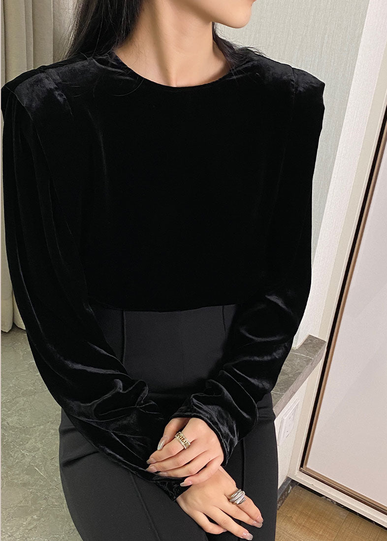 Black Button O-neck Silk Velour Tops Long Sleeve