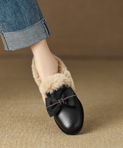 Brown Cowhide Leather Loafers Splicing Fuzzy Wool Lined