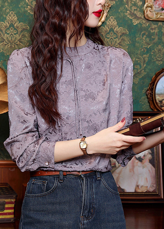 Jacquard Purple Turtleneck Silk Top Long Sleeve