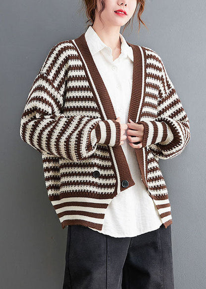Chocolate V Neck Striped Cozy Knit Coat Outwear Spring