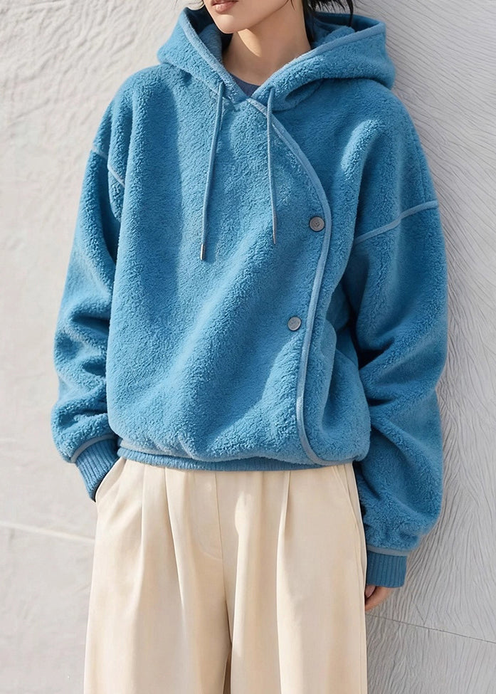 Simple Blue Hooded Cozy Fluffy Sweatshirts Winter