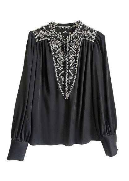 Black O-neck Hollow Out Button Silk Shirt Long Sleeve