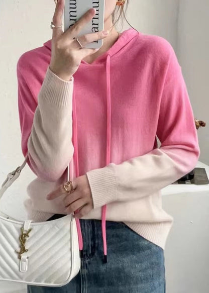 New Blue Gradient Color Hooded Patchwork Wool Knit Sweaters Fall