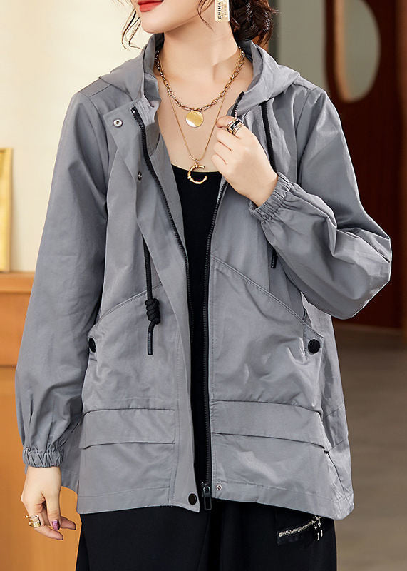 Gray Patchwork Zippered Button Pockets Cotton Hooded Coats Long Sleeve