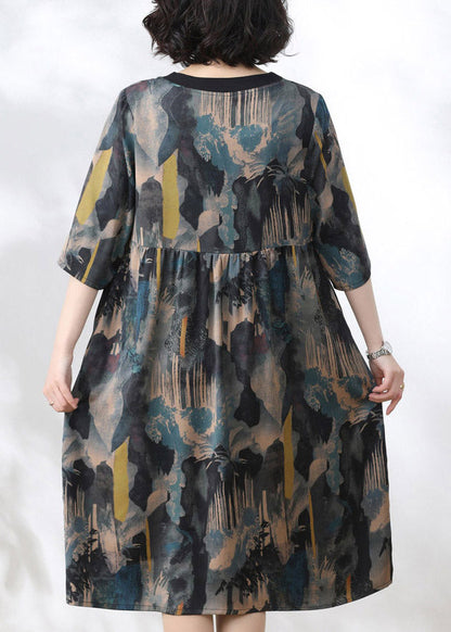 Blue V Neck Print Wrinkled Dress Half Sleeve