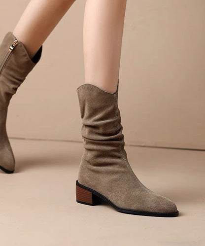 Khaki Suede Splicing Chunky Boots
