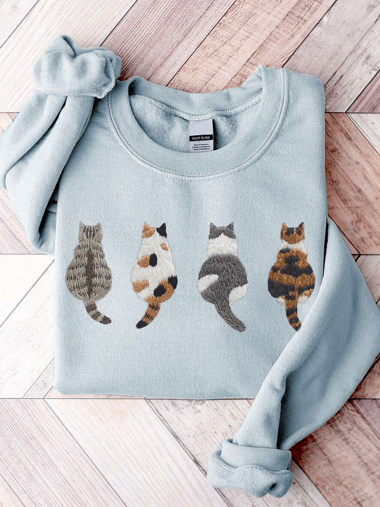 Cute Cats Embroidery Pattern Casual Cozy Sweatshirt elevenforest