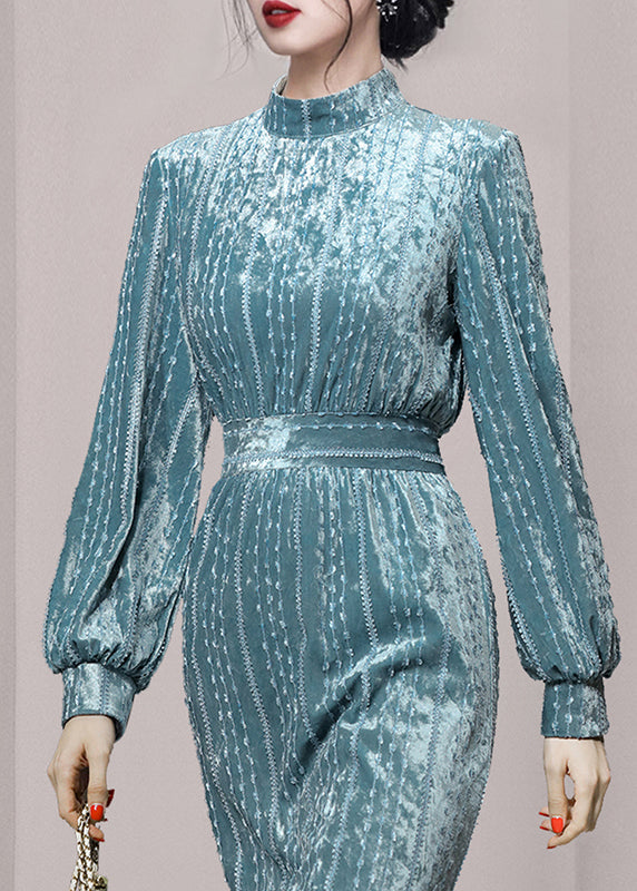 Light Blue Stand Collar Ruffled Patchwork Velour Dress Fall