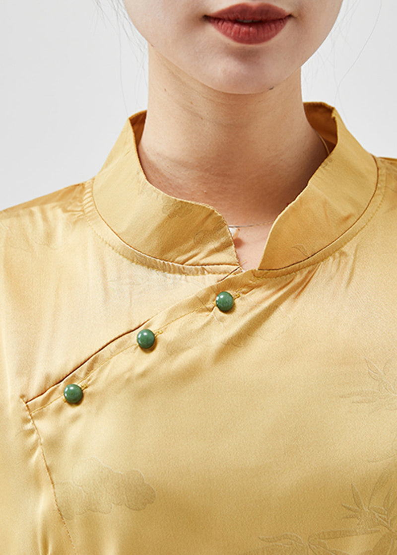 Yellow Asymmetrical Silm Fit Silk Shirt Spring