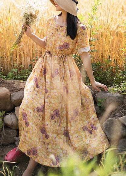 O-neck Summer Clothes Pattern Yellow Print Dress