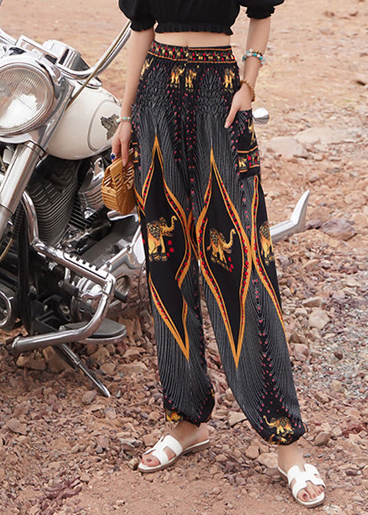 Black Elastic Waist Print Lantern Pants Summer