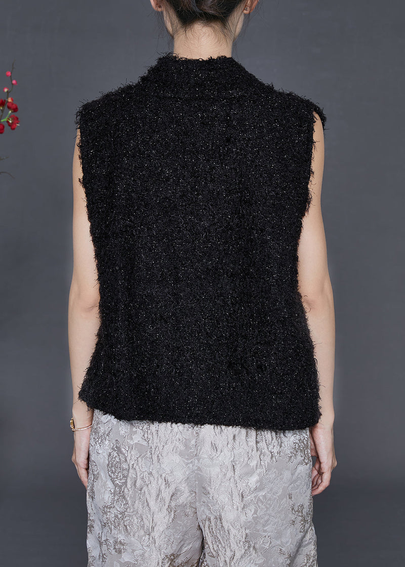 Black V Neck Warm Fuzzy Fur Fluffy Vest Spring