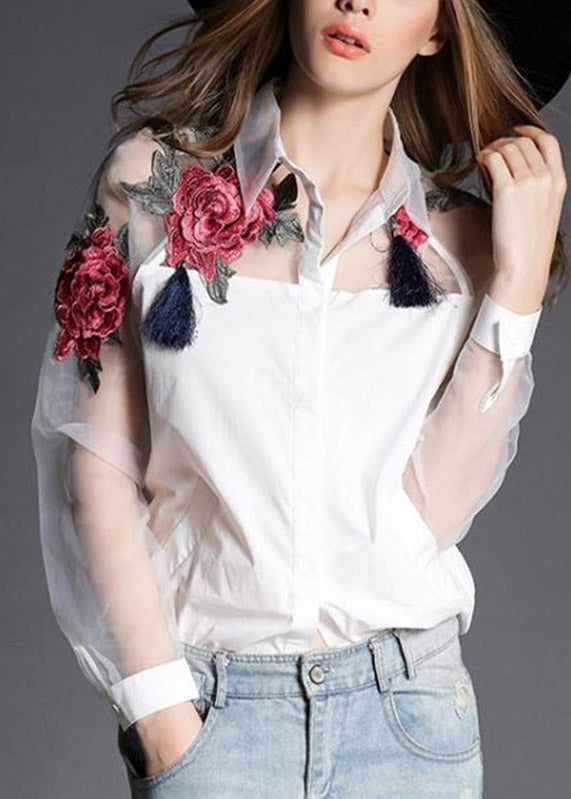 Organza White Peter Pan Collar Embroideried Tulle Patchwork Cotton Shirts Long Sleeve