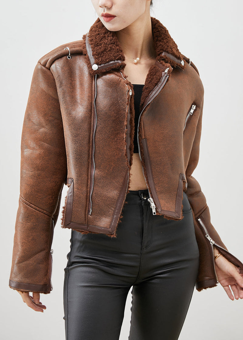 Brown Asymmetrical Zippered Faux Fur Coat Outwear Winter