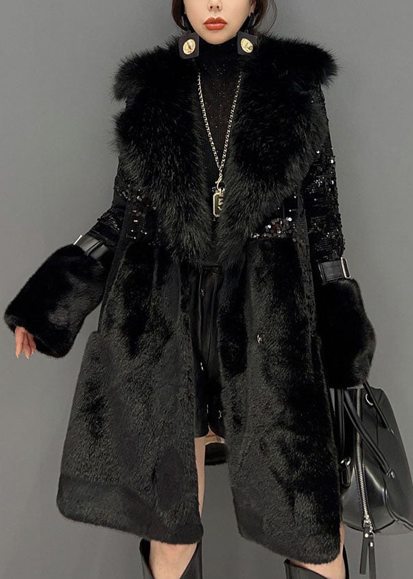 Black Fur Collar Sequins Patchwork Pockets Leather and Fur Coats Winter