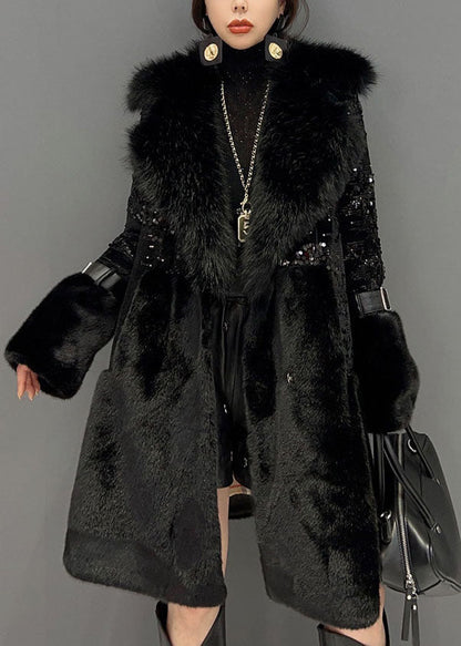 Black Fur Collar Sequins Patchwork Pockets Leather and Fur Coats Winter