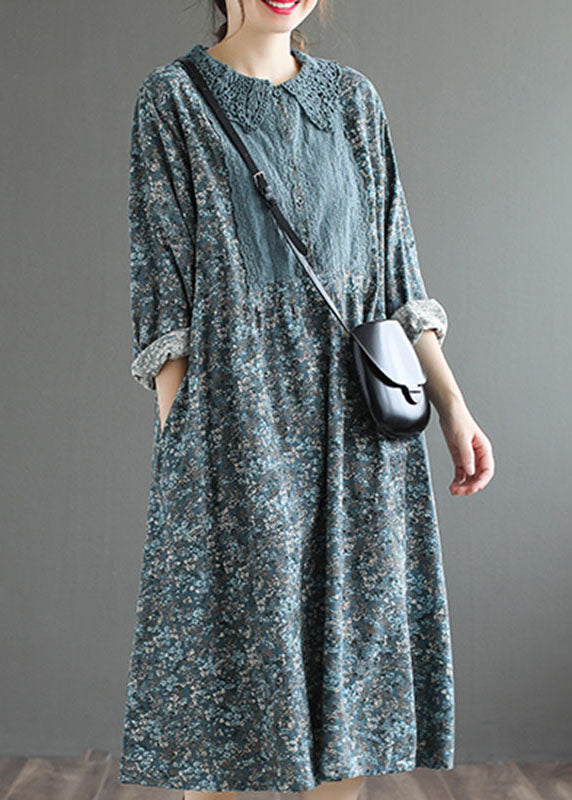 Blue Button Print Fall Dress Long Sleeve