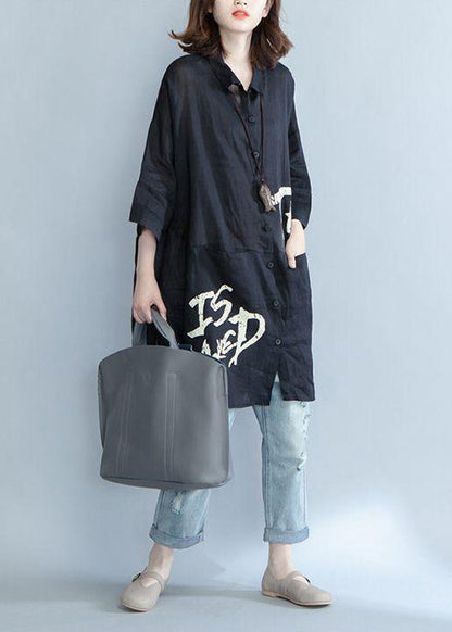 Black Peter Pan Collar Graphic Cotton Shirts Summer