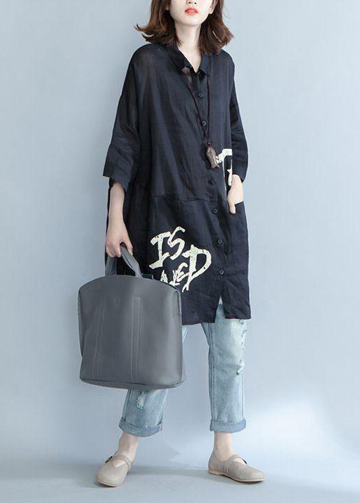 Black Peter Pan Collar Graphic Cotton Shirts Summer