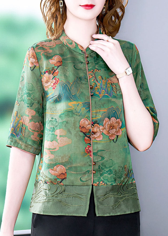 Green Stand Collar Embroideried Print Button Silk Blouse Tops Half Sleeve