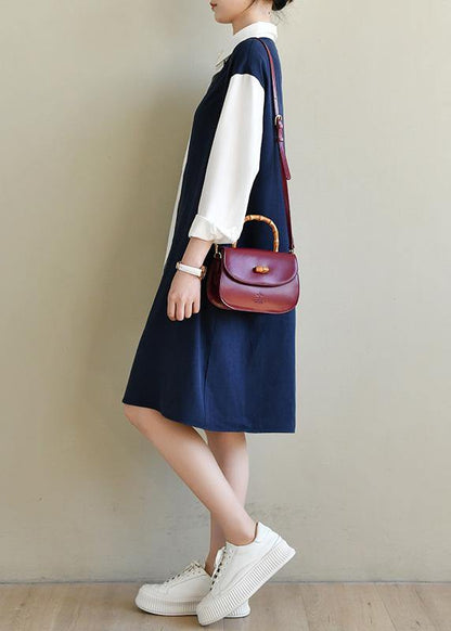 Unique Navy Patchwork White Peter Pan Collar Cotton Spring Mid Dress