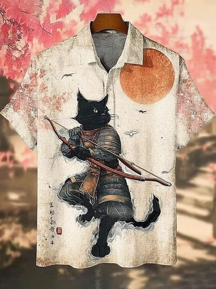 Men's Black Cat Tribal Warrior Japanese Kyudo Print Short Sleeve Shirt elevenforest