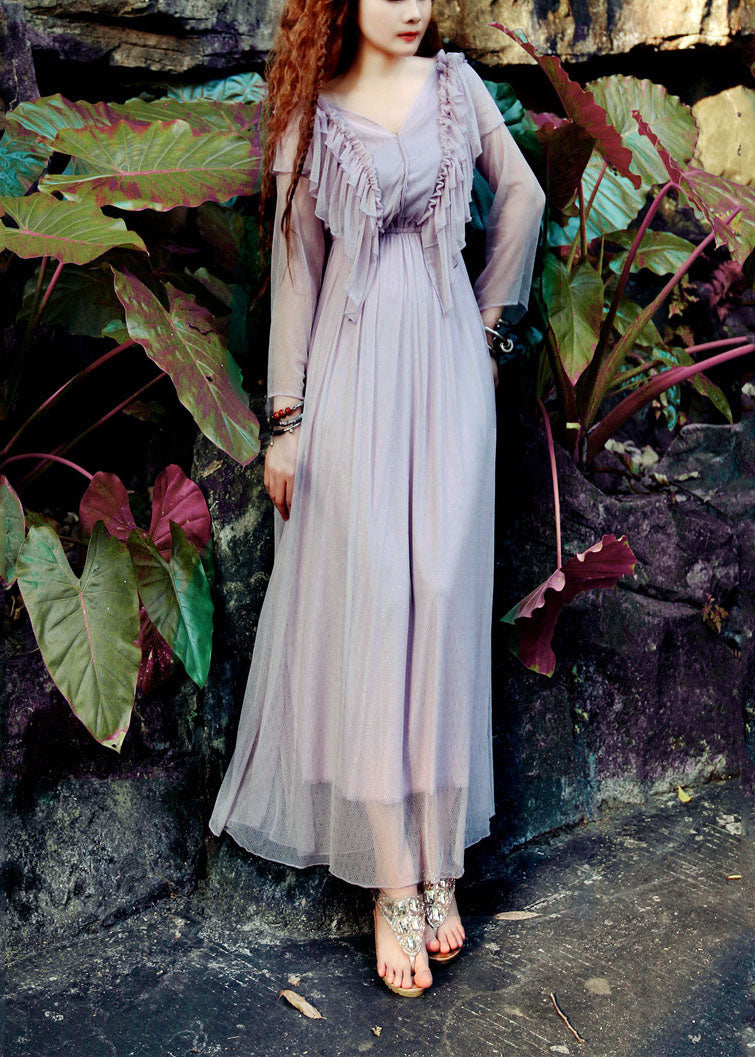 Light Purple V Neck Ruffles Tulle Long Dress Spring