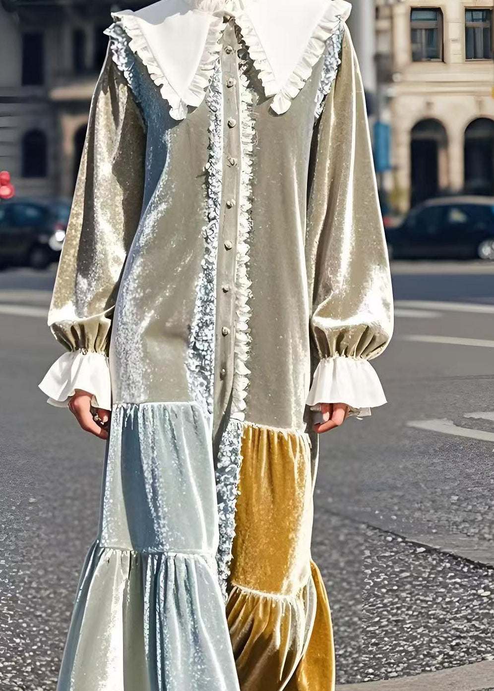 French Peter Pan Collar Patchwork Silk Velour Robe Dresses Spring
