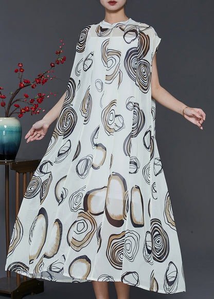 White Stand Collar Print Chiffon Holiday Dress Two Piece Set Summer
