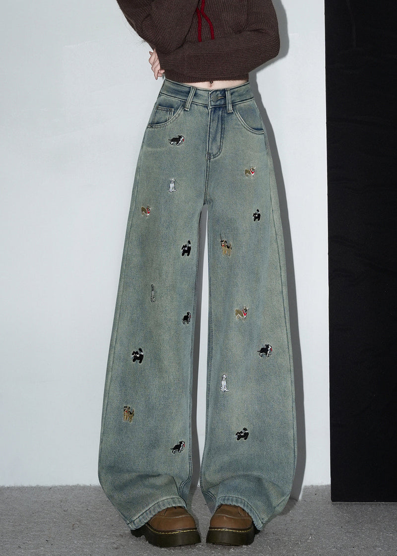 Denim Blue Embroidered Pockets Warm Fleece Pants