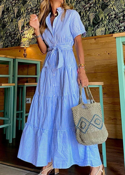 Loose Blue Striped Button Cotton Shirts Dresses Sleeveless Summer