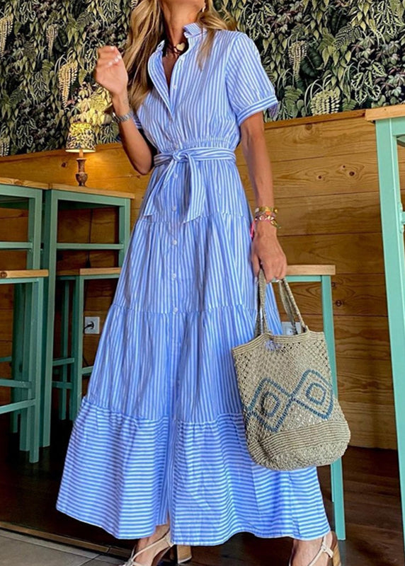 Loose Blue Striped Button Cotton Shirts Dresses Sleeveless Summer