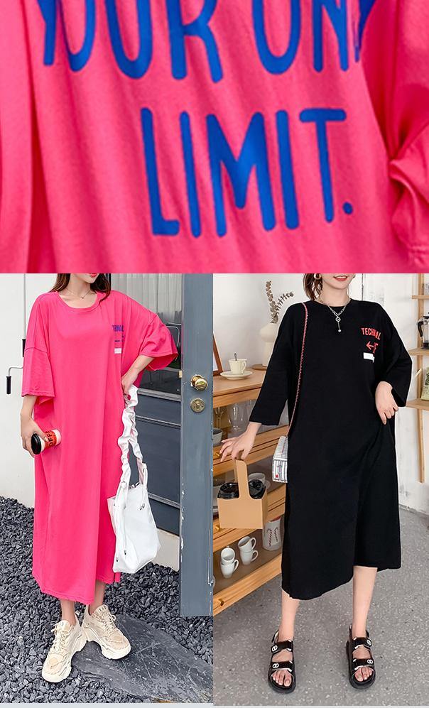 Black Graphic Cotton O Neck Summer Mid Dress