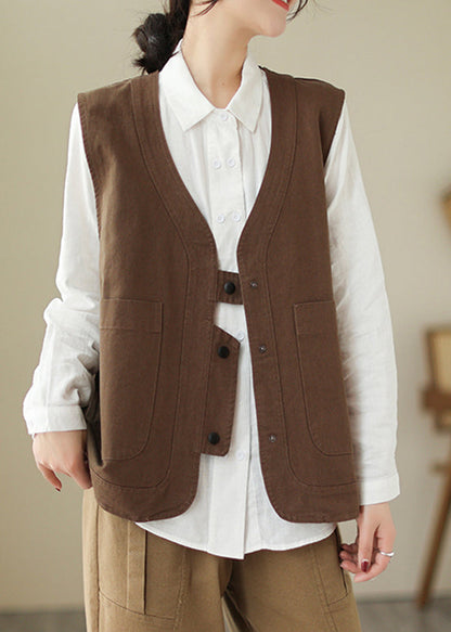 Brown V Neck Pockets Patchwork Cotton Vest Sleeveless