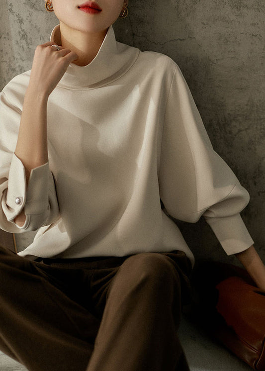 Loose Apricot Colour Turtleneck Button Nail Bead Sweatshirts Long Sleeve Spring