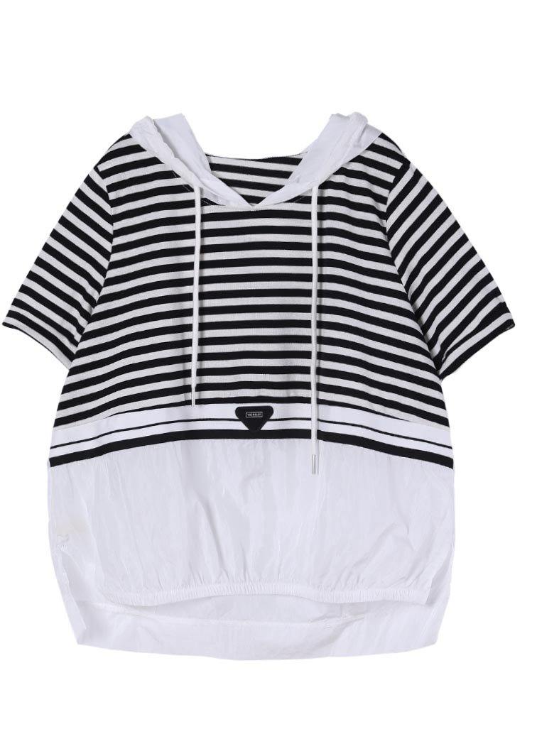 Italian Black Striped Hooded Cotton Top Summer