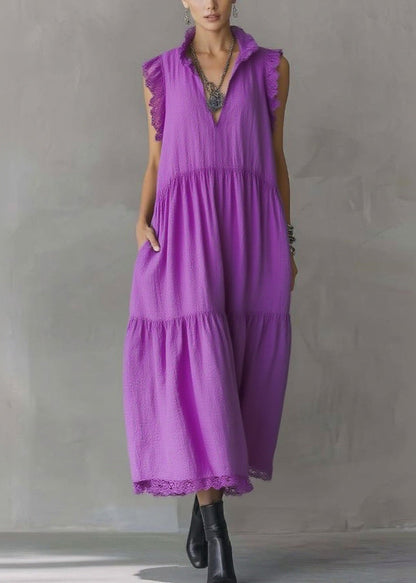 Purple Ruffled Lace Patchwork Cotton Dresses Sleeveless