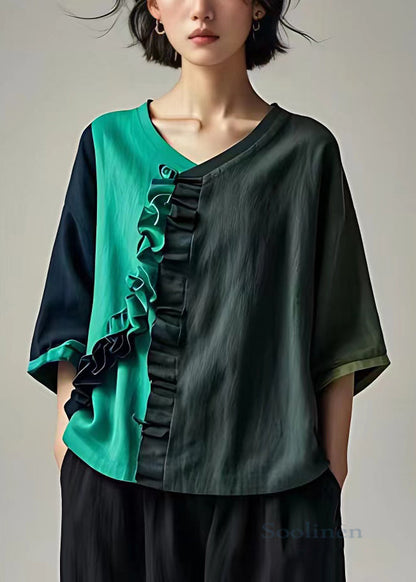 Dark Gray Ruffled Patchwork Cotton Tops Bracelet Sleeve