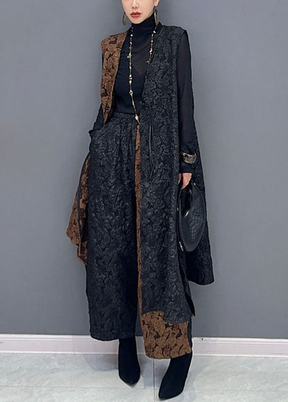 Classy Black Patchwork Brown V Neck Waistcoat and Wide Leg Pants Two Pieces Set Fall