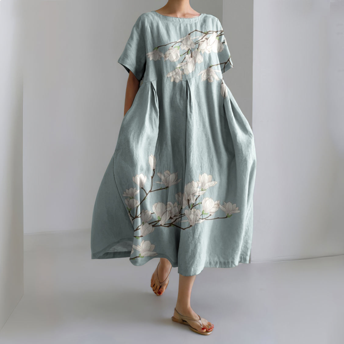 Comstylish Magnolia Flower Japanese Linen Blend Maxi Dress