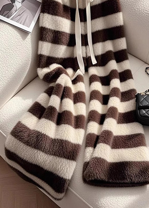Cozy Coffee Striped Fuzzy Fur Pants Spring