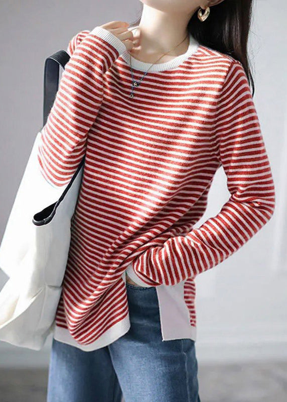 Blue Striped Side Open Patchwork Knitting Cotton Tops Fall