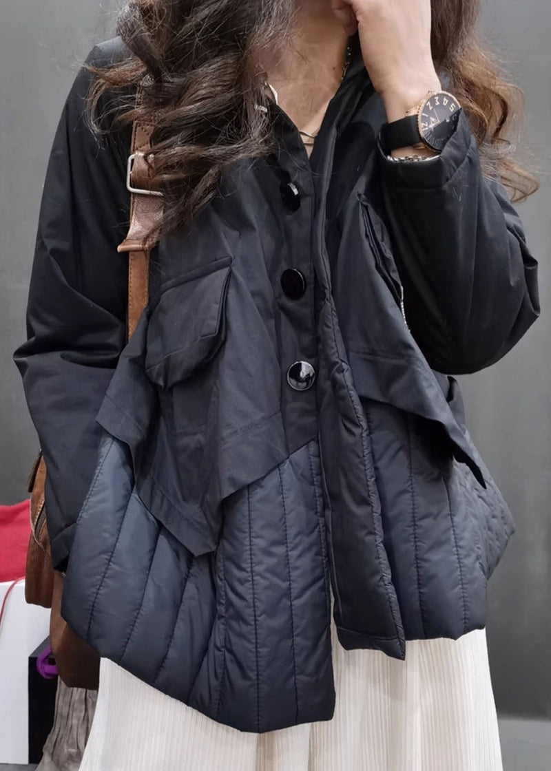 Black Patchwork Fine Cotton Filled Hooded Jacket Long Sleeve