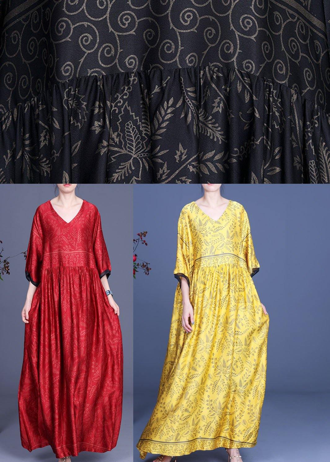 Art Yellow Print Silk Loose Long Dresses Summer