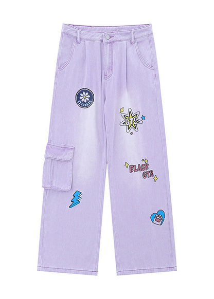 Italian Pink Embroideried Pockets Denim Wide Leg Pants Spring
