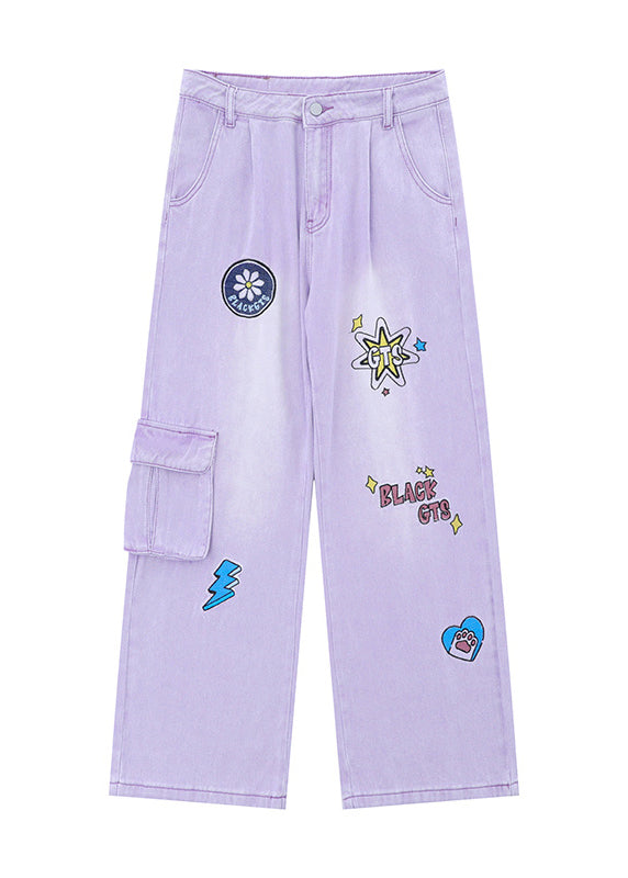 Italian Pink Embroideried Pockets Denim Wide Leg Pants Spring
